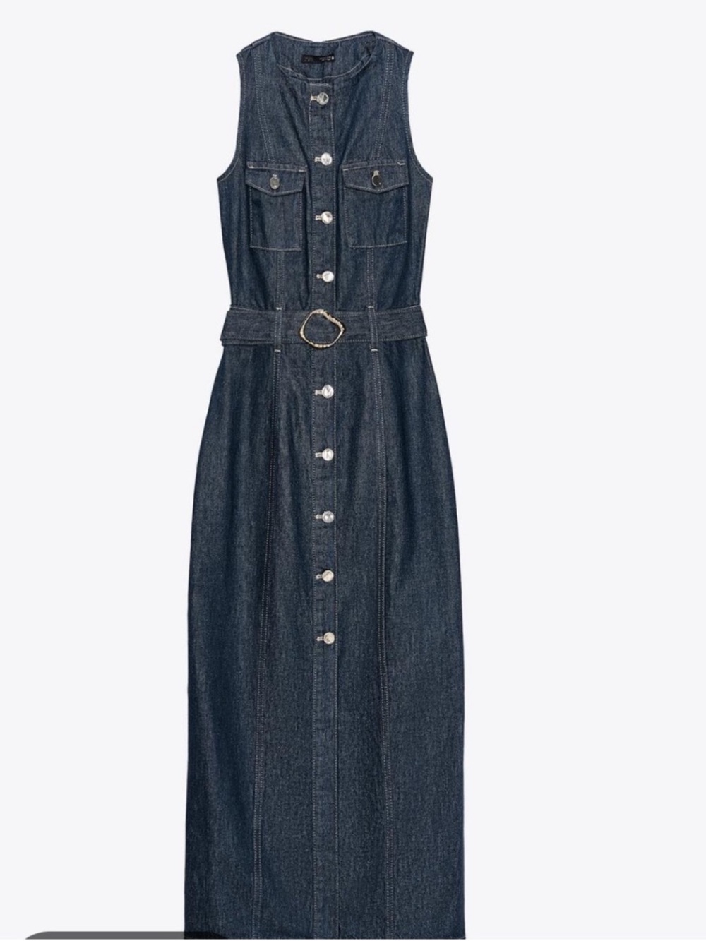 NWT Zara Z1975 Belted Dark Denim Midi Dress w Gold Button Western Utility Sz M - Picture 3 of 10